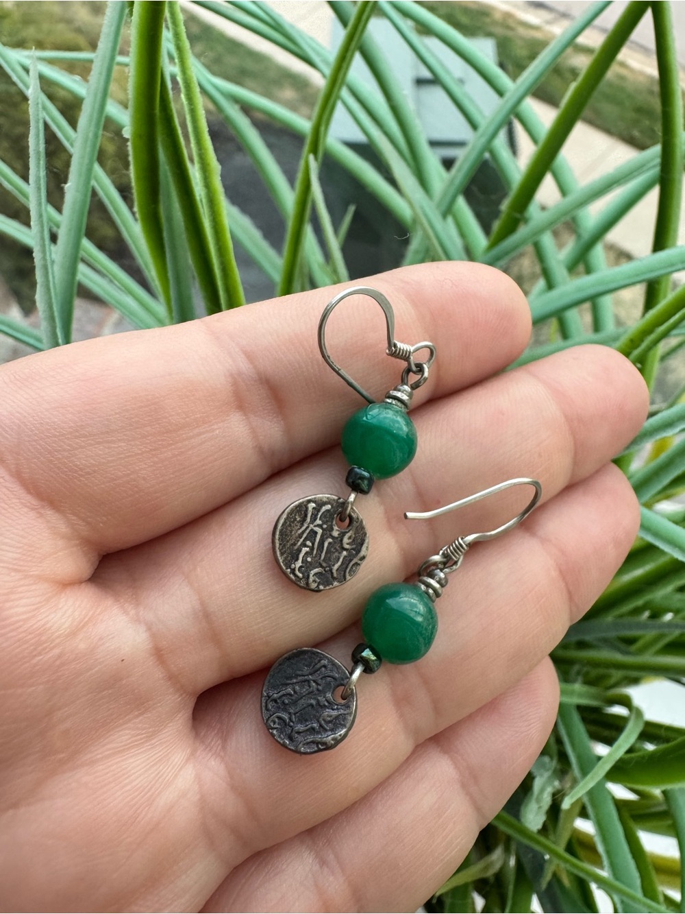 Green Bead Drop Earrings with Textured Silver Discs